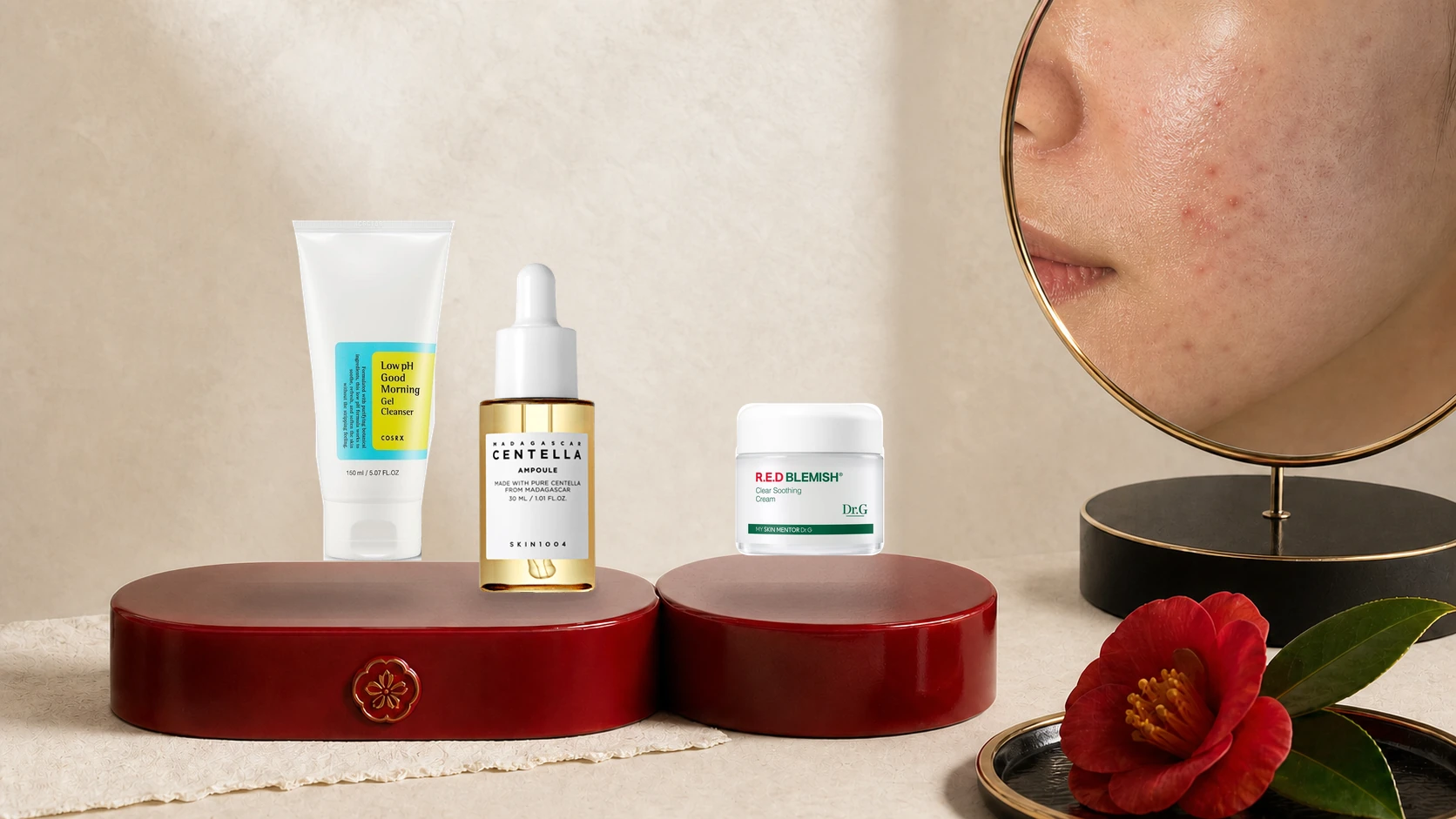 Rutina coreana con productos de marcas conocidas para piel con tendencia acneica